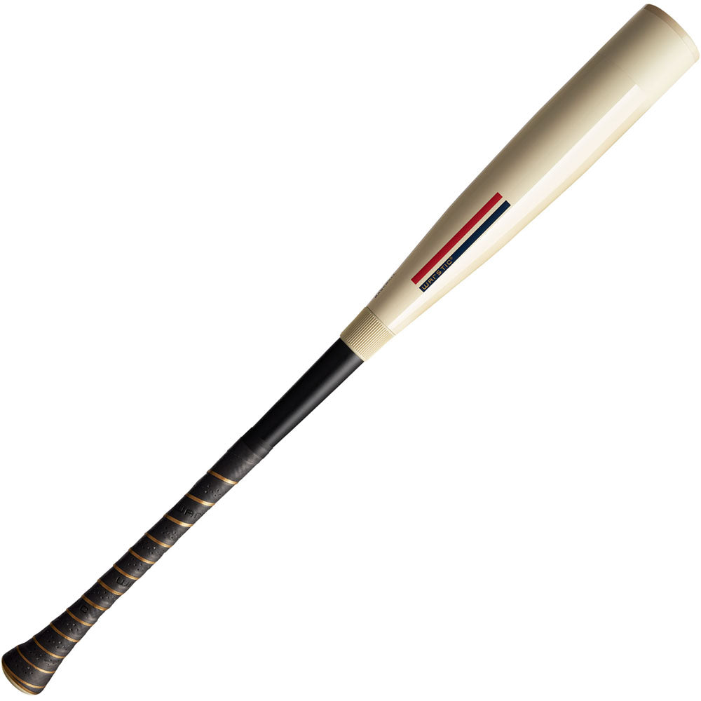 The 2026 Warstic Bonesaber Hybrid (-8) USA Baseball Bat features a cream alloy barrel, black handle with brown tape, and a small red, white, and blue stripe near the barrel.