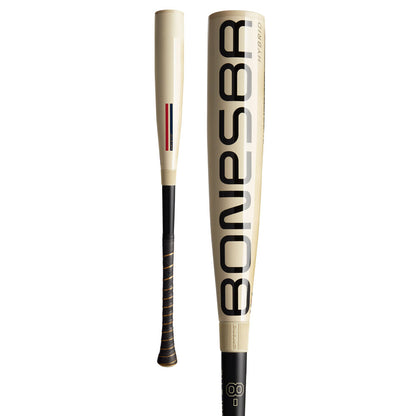 Two views of the 2026 Warstic Bonesaber Hybrid (-8) USA baseball bat, featuring a beige and black Katana2X Alloy Barrel, BONESBR in bold vertical text, a textured black handle, and subtle red, white, and blue stripes near the grip.