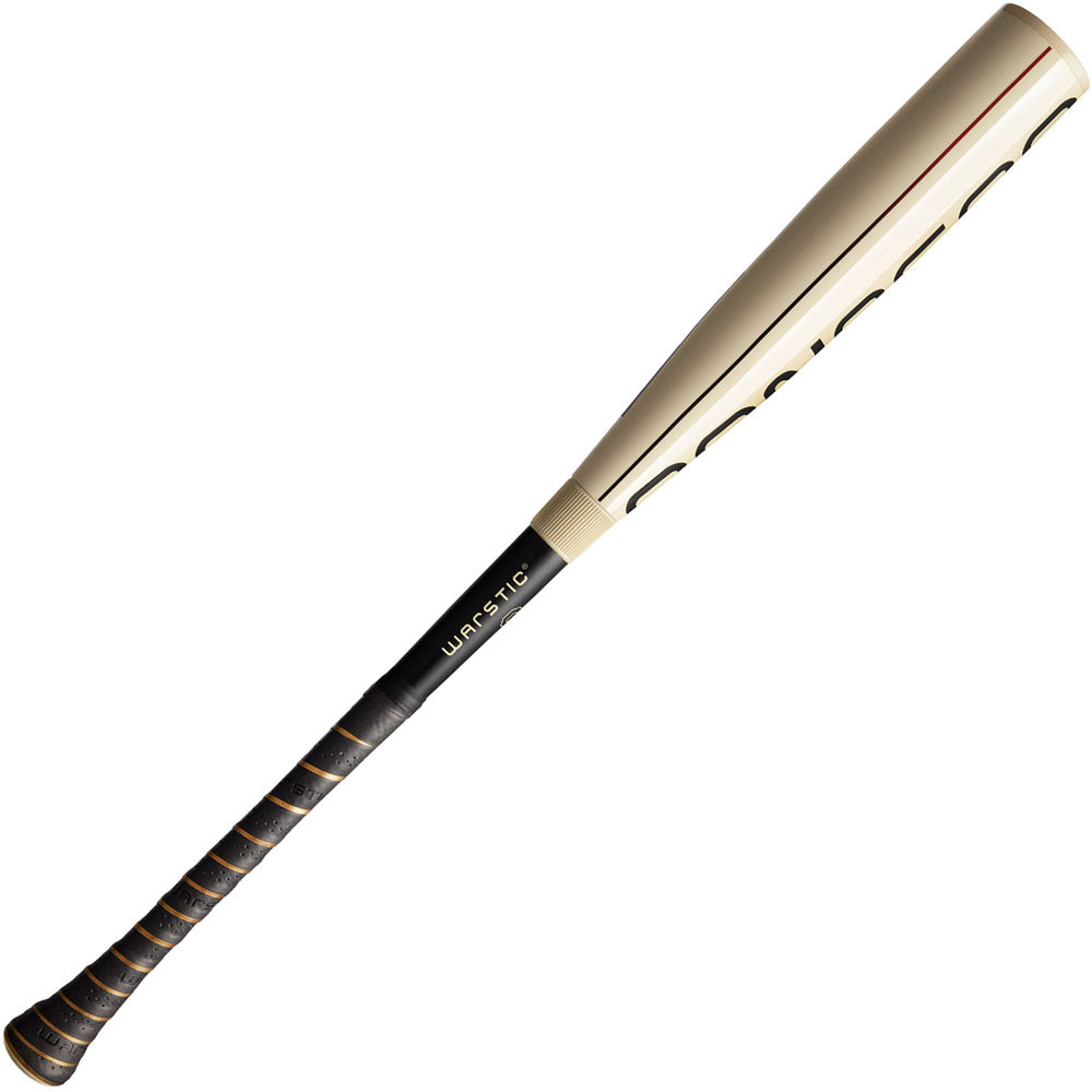 The 2026 Warstic Bonesaber Hybrid (-8) USA bat features a beige Katana2X Alloy Barrel, black handle with gold-accented grip tape, and the Warstic logo printed on the handle.