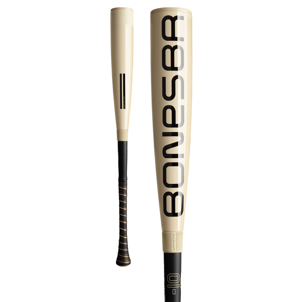 Two views of the cream-colored Warstic 2025 Bonesaber Hybrid (-10) USSSA bat, featuring bold black BONES BR lettering and a handle with black grip tape and gold accents, highlighting its powerful hybrid design.