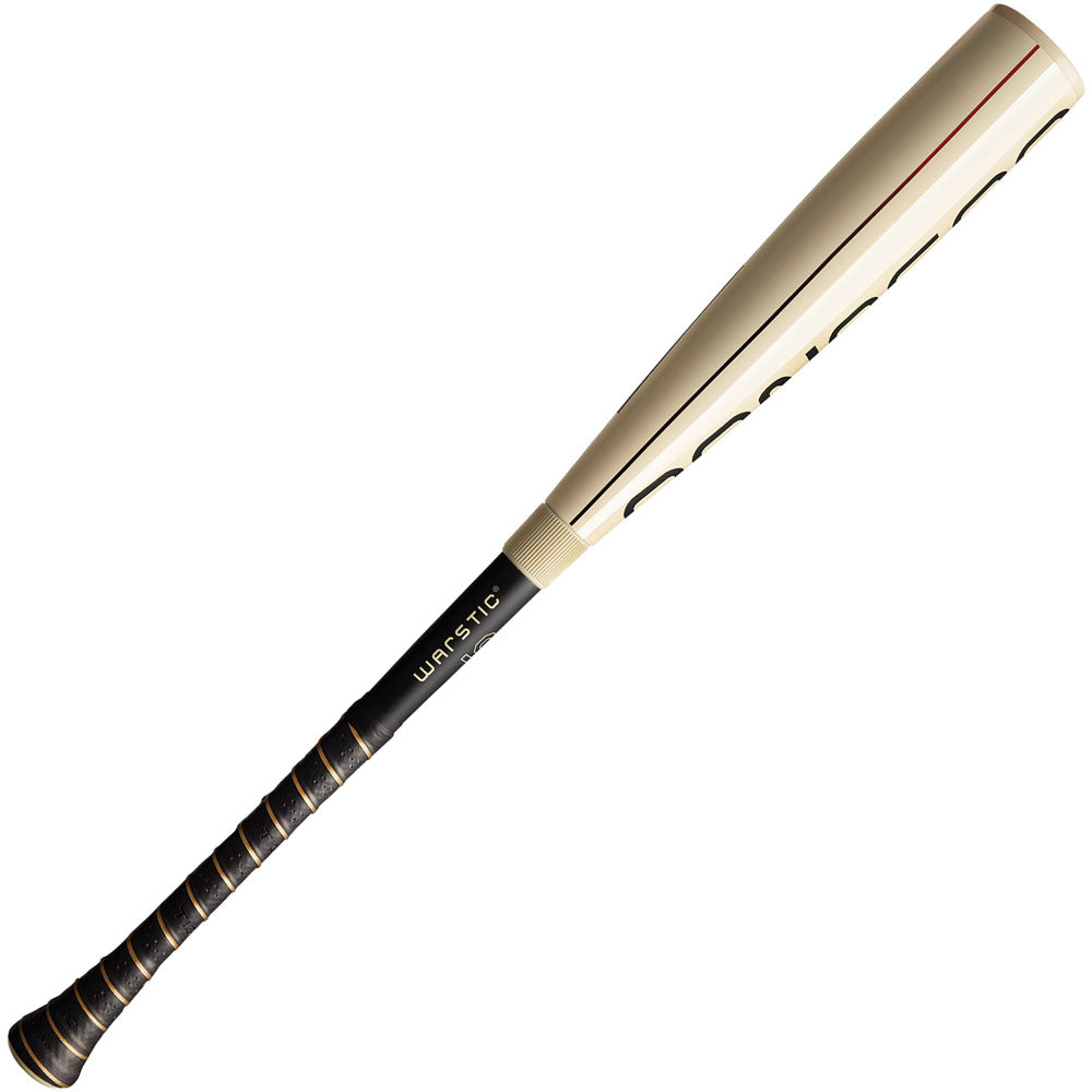 The 2025 Warstic Bonesaber Hybrid (-10) USSSA Baseball Bat (MBBSH25WH10), featuring a beige metal build, black grip tape, and a thin red stripe on the Katana2X Alloy Barrel, is shown against a white background.