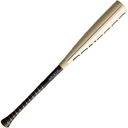 The 2025 Warstic Bonesaber Hybrid (-10) USSSA Baseball Bat (MBBSH25WH10), featuring a beige metal build, black grip tape, and a thin red stripe on the Katana2X Alloy Barrel, is shown against a white background.