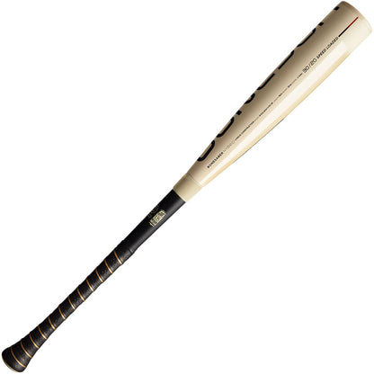 The 2025 Warstic Bonesaber Hybrid (-10) 2 3/4" USSSA Baseball Bat (MBBSH25WH10) features a beige and black design, Katana2X Alloy Barrel, and wrapped grip handle, shown on a white background.