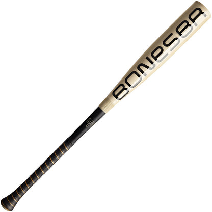 The 2025 Warstic Bonesaber Hybrid (-5) USSSA Baseball Bat features a beige and black metal design, BONESAB branding on the Katana2X Alloy Barrel, and a black handle with gold accents.