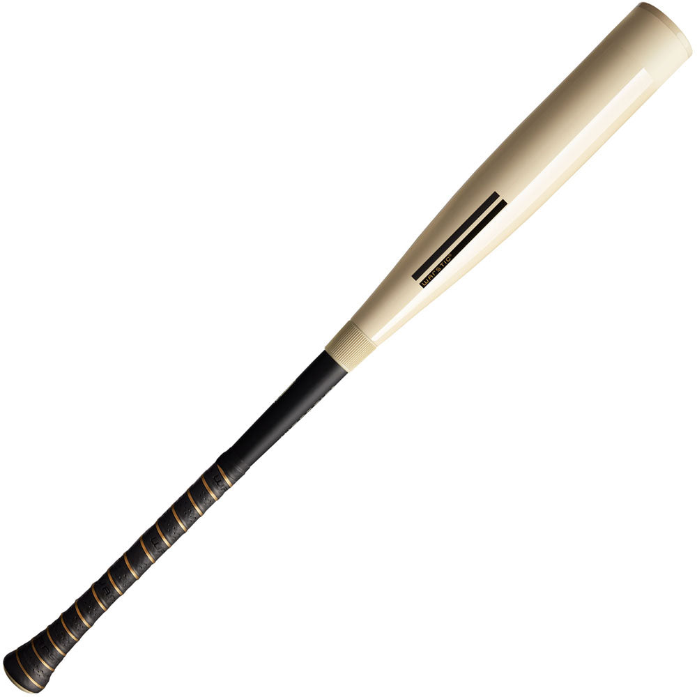 The 2025 Warstic Bonesaber Hybrid (-5) 2 5/8" USSSA Baseball Bat (MBBSH25WH5) features a minimalistic beige barrel, black handle with gold accents, and is shown on a white background.