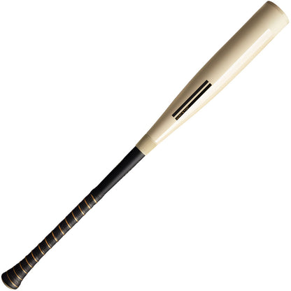 The 2025 Warstic Bonesaber Hybrid (-5) 2 5/8" USSSA Baseball Bat (MBBSH25WH5) features a minimalistic beige barrel, black handle with gold accents, and is shown on a white background.