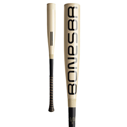 The 2025 Warstic Bonesaber Hybrid (-5) USSSA Baseball Bat features a cream-colored alloy barrel with bold black BONESBR branding, plus a black grip with gold accents, shown from side and rear angles.