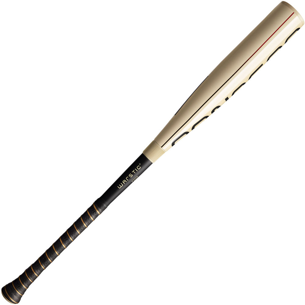 The 2025 Warstic Bonesaber Hybrid (-5) 2 5/8" USSSA Baseball Bat (MBBSH25WH5) features a beige and black metal design with gold accents, a Katana2X Alloy Barrel, and the Warstic name printed near the grip for top style and performance.