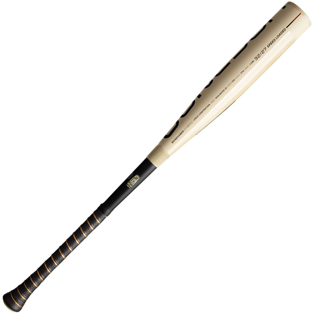 The 2025 Warstic Bonesaber Hybrid (-5) 2 5/8" USSSA Baseball Bat (MBBSH25WH5) features a beige and black design, textured handle, and smooth Katana2X Alloy Barrel, displayed on a white background.
