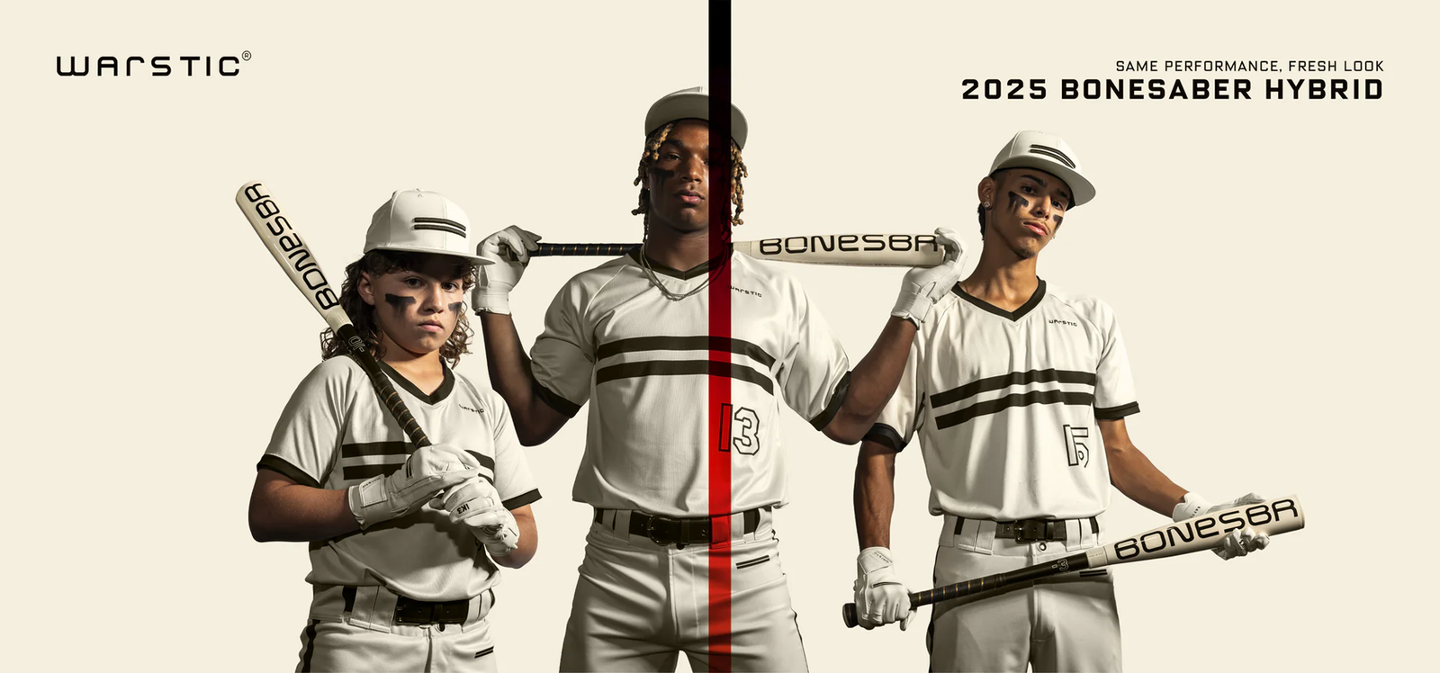 Three baseball players in white uniforms stand side by side holding Bonesaber bats on their shoulders. The image is split in half; text reads Warstic and 2025 Bonesaber Hybrid above the players.
