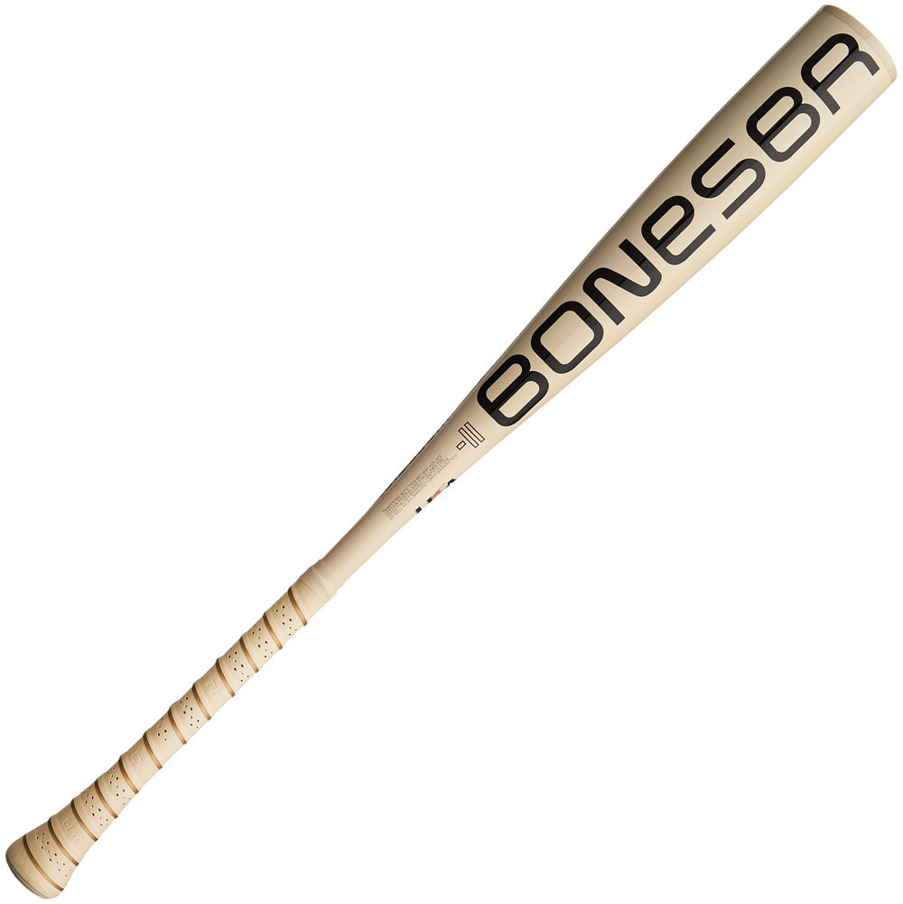 The 2025 Warstic Bonesaber (-11) 2 5/8" USA Baseball Bat (MBBS25UBWH11) features black text and an ultra light swing speed, thanks to its Katana1X Alloy Barrel.