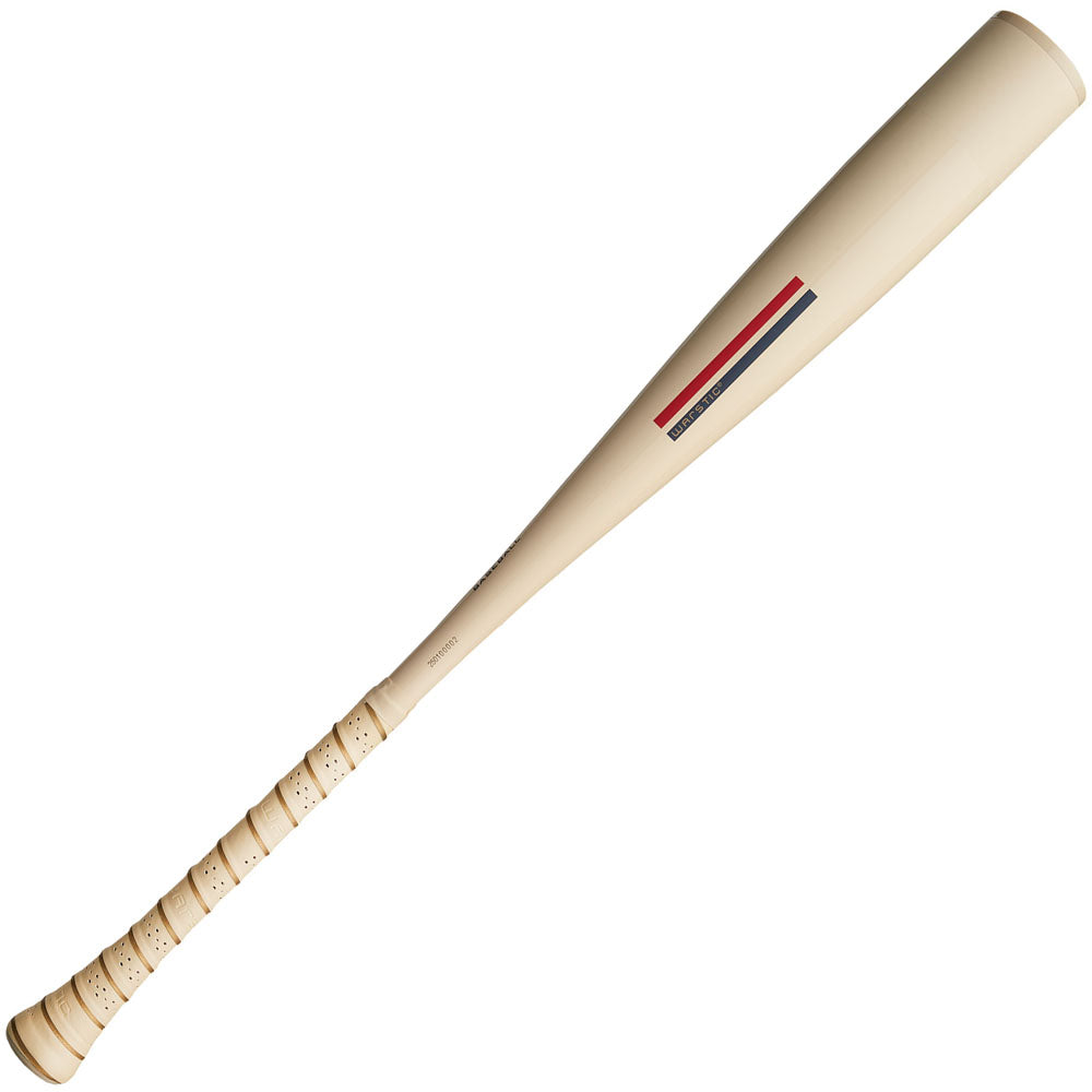 The 2025 Warstic Bonesaber (-11) 2 5/8" USA Baseball Bat features a light tan finish, wrapped handle, Katana1X Alloy Barrel, and a red, white, and blue stripe decal for an ultra-light swing speed.