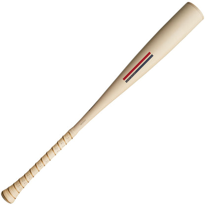 The 2025 Warstic Bonesaber (-11) 2 5/8" USA Baseball Bat features a light tan finish, wrapped handle, Katana1X Alloy Barrel, and a red, white, and blue stripe decal for an ultra-light swing speed.