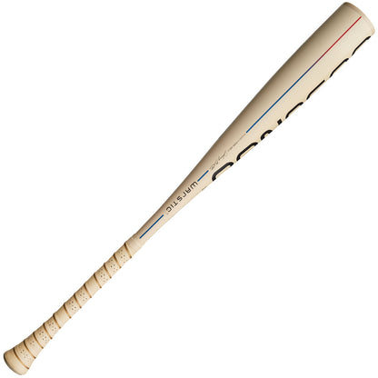The 2025 Warstic Bonesaber (-11) USA Baseball Bat features a cream finish, Katana1X Alloy Barrel, textured grip, black accents, "VINS TIC" on the barrel, and thin red and blue lines along its ultra-light swing speed design.