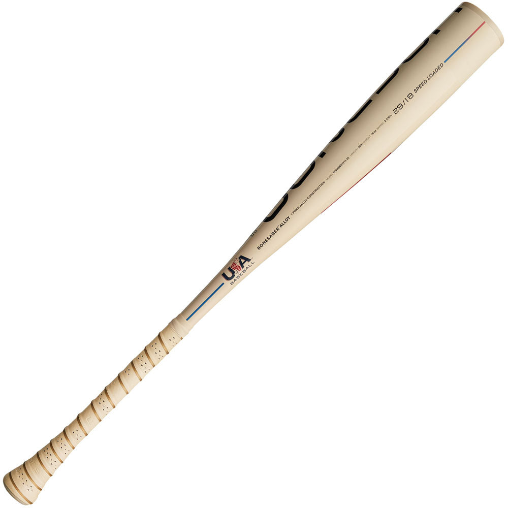 The 2025 Warstic Bonesaber (-11) USA Baseball Bat features a white handle and Katana1X Alloy Barrel for ultra-light swing speed.
