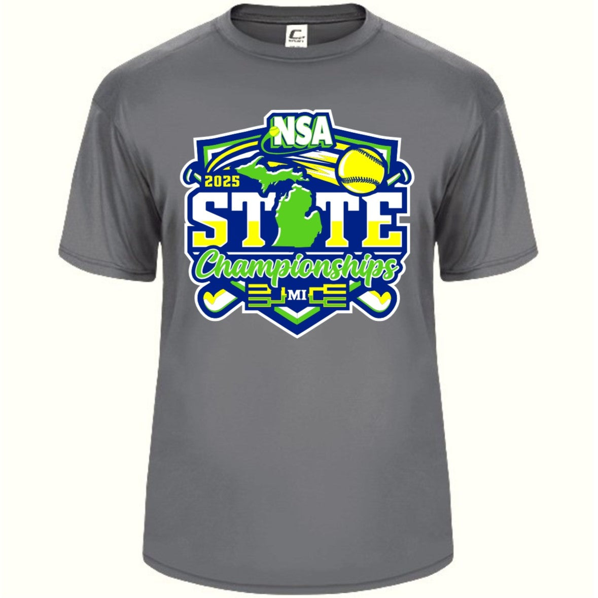 Show your team pride in the DSG Apparel 2025 NSA Michigan State Championships Fastpitch Tournament Shirt & Hoodie, featuring a vibrant logo with Michigan’s shape, a yellow softball, and blue-green-yellow accents—ideal for any fan!.