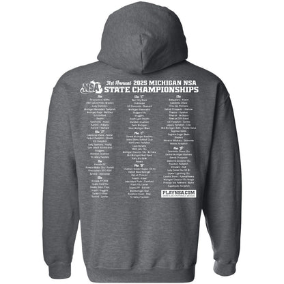 The DSG Apparel 2025 NSA Michigan State Championships Fastpitch Tournament Hoodie is gray with white back text listing event dates, locations, and a “PLAYNSA.COM” logo.