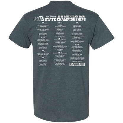 The back of a DSG Apparel 2025 NSA Michigan State Championships Fastpitch Tournament Shirt & Hoodie in dark gray displays "31st Annual 2025 NSA Michigan State Championships" in white, team listings below, and a small logo at the bottom.
