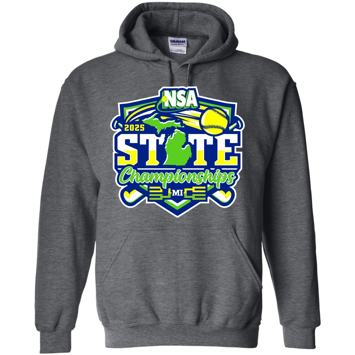 The DSG Apparel 2025 NSA Michigan State Championships Fastpitch Tournament Hoodie is dark gray and features a colorful softball graphic with bats, a yellow ball, and the Michigan state outline on the front.