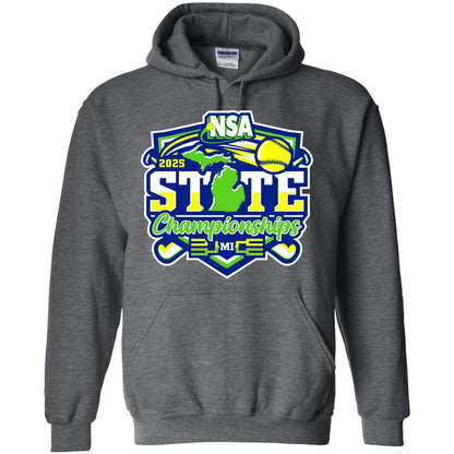 The DSG Apparel 2025 NSA Michigan State Championships Fastpitch Tournament Hoodie is dark gray and features a colorful softball graphic with bats, a yellow ball, and the Michigan state outline on the front.