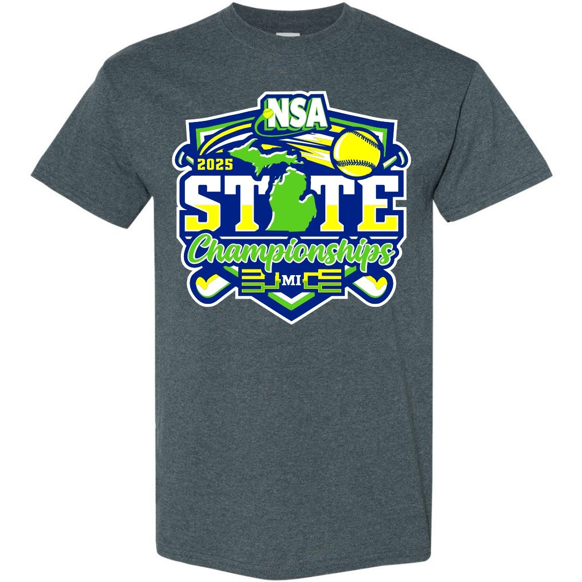 DSG Apparel 2025 NSA Michigan State Championships Fastpitch Tournament Shirt & Hoodie in dark gray, featuring a vibrant front logo with a softball, bats, green Michigan outline, and "3 Mile" text in blue, green, white, and yellow.