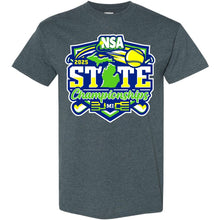 DSG Apparel 2025 NSA Michigan State Championships Fastpitch Tournament Shirt & Hoodie in dark gray, featuring a vibrant front logo with a softball, bats, green Michigan outline, and "3 Mile" text in blue, green, white, and yellow.