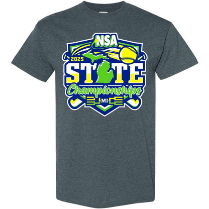 DSG Apparel 2025 NSA Michigan State Championships Fastpitch Tournament Shirt & Hoodie in dark gray, featuring a vibrant front logo with a softball, bats, green Michigan outline, and "3 Mile" text in blue, green, white, and yellow.
