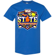 DSG Apparel’s 2025 NSA Michigan State Championships Fastpitch Tournament Shirt & Hoodie features a colorful front design with a softball, bats, and the Michigan outline.