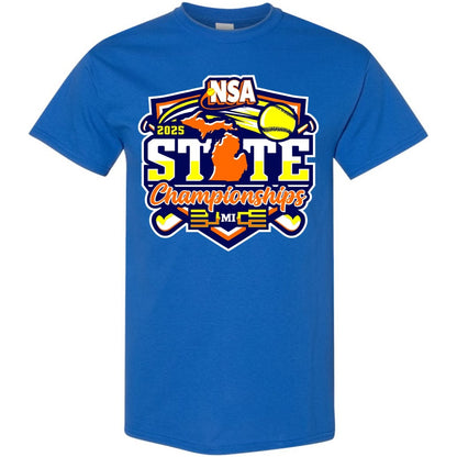 DSG Apparel’s 2025 NSA Michigan State Championships Fastpitch Tournament Shirt & Hoodie features a colorful front design with a softball, bats, and the Michigan outline.