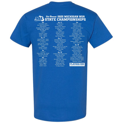 The DSG Apparel 2025 NSA Michigan State Championships Fastpitch Tournament Shirt & Hoodie features “31st Annual 2025 NSA Michigan State Championships” in white on the back with tournament info, teams, and a playsnsa.com link.