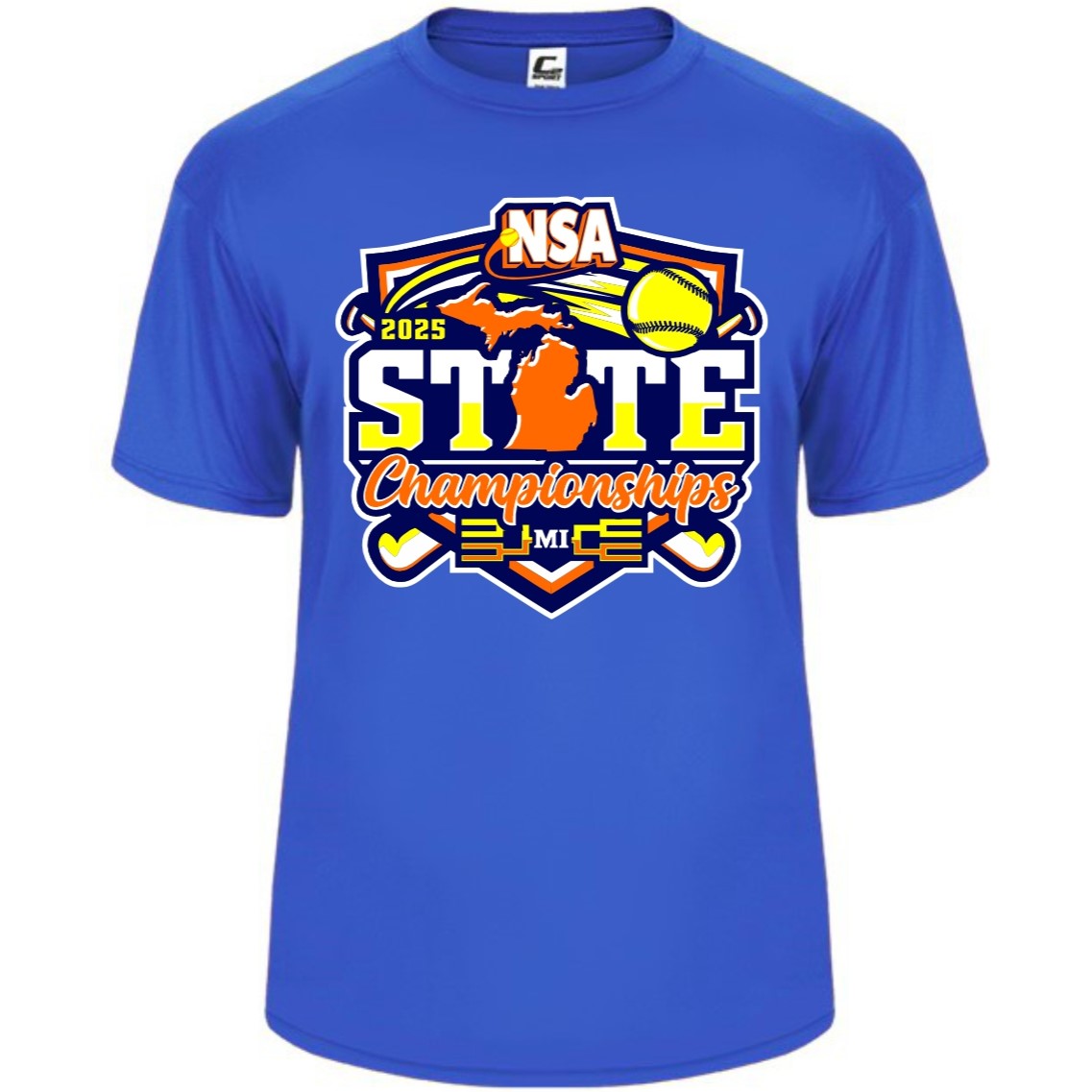 The 2025 NSA Michigan State Championships Fastpitch Tournament Shirt & Hoodie by DSG Apparel features a royal blue design with colorful graphics, including a yellow softball, orange Michigan map, bats, stars, and bold tournament accents.