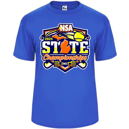 The 2025 NSA Michigan State Championships Fastpitch Tournament Shirt & Hoodie by DSG Apparel features a royal blue design with colorful graphics, including a yellow softball, orange Michigan map, bats, stars, and bold tournament accents.