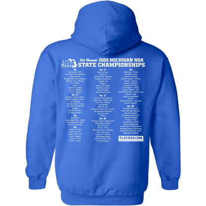 The DSG Apparel 2025 NSA Michigan State Championships Fastpitch Tournament Shirt & Hoodie in royal blue features “31st Annual 2025 Michigan NSA State Championships” and team list on the back, plus the NSA logo and website.