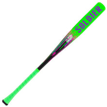 The Soldier Sports 2026 Soldier Tank2 (-3) BBCOR Baseball Bat (BB-1-26) features a neon green and black design, "SOLDIER" in bold purple on the barrel, power alloy tech, and a bright green grip with colorful graphic accents near the center.