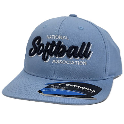 The Champro Sports NSA Script Pennant Snapback Hat (HC4-NSAS) features light blue fabric, “National Softball Association” embroidered in white and black, and a black/blue Champro sticker on the flat bill—show your Softball Lifestyle.