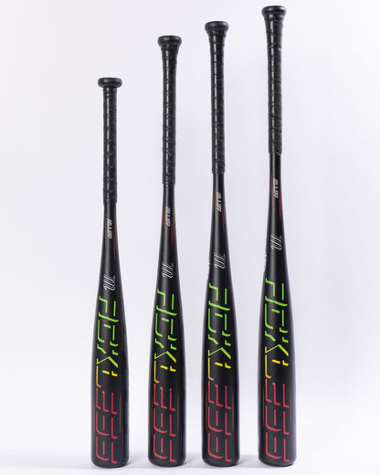 Four Marucci RCKLESS Gen 2 (-5) 2 3/4″ USSSA Baseball Bats by Marucci stand upright in a row, each featuring a sleek black design with unique neon green, yellow, or red accents and black handles, all set against a plain white background. These one-piece alloy bats offer ring-free barrels for a smoother feel and are equipped with anti-vibration technology to enhance comfort and performance.