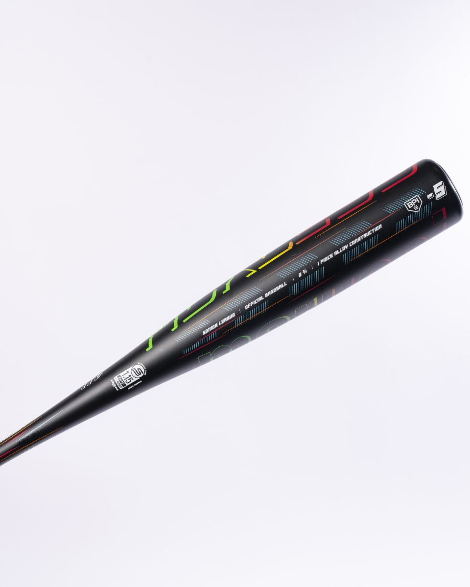 A black Marucci 2027 RCKLESS Gen 2 (-5) 2 3/4″ USSSA Baseball Bat (MSBR25), constructed from a one-piece alloy with vibrant graphics and text, is displayed on a plain white background. The bat, featuring anti-vibration technology, is positioned diagonally from the lower left to the upper right.