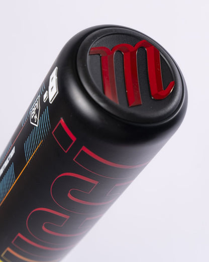 Close-up of the endcap of the Marucci 2027 RCKLESS Gen 2 (-5) 2 3/4″ USSSA Baseball Bat (MSBR25), a black, one-piece alloy bat featuring a bold red Marucci “M” logo on the cap, vibrant graphic patterns along the barrel, and a ring-free design for a smooth feel and optimized performance.