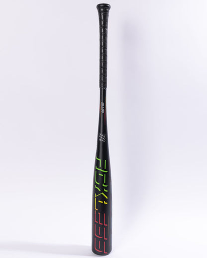 The Marucci 2027 RCKLESS Gen 2 (-5) 2 3/4″ USSSA Baseball Bat (MSBR25), shown upright against a plain white background, features a sleek, black one-piece alloy construction with a textured grip and vibrant neon geometric designs on the barrel. Its modern design includes a ring-free barrel for optimized performance and an ultra-contemporary appearance.