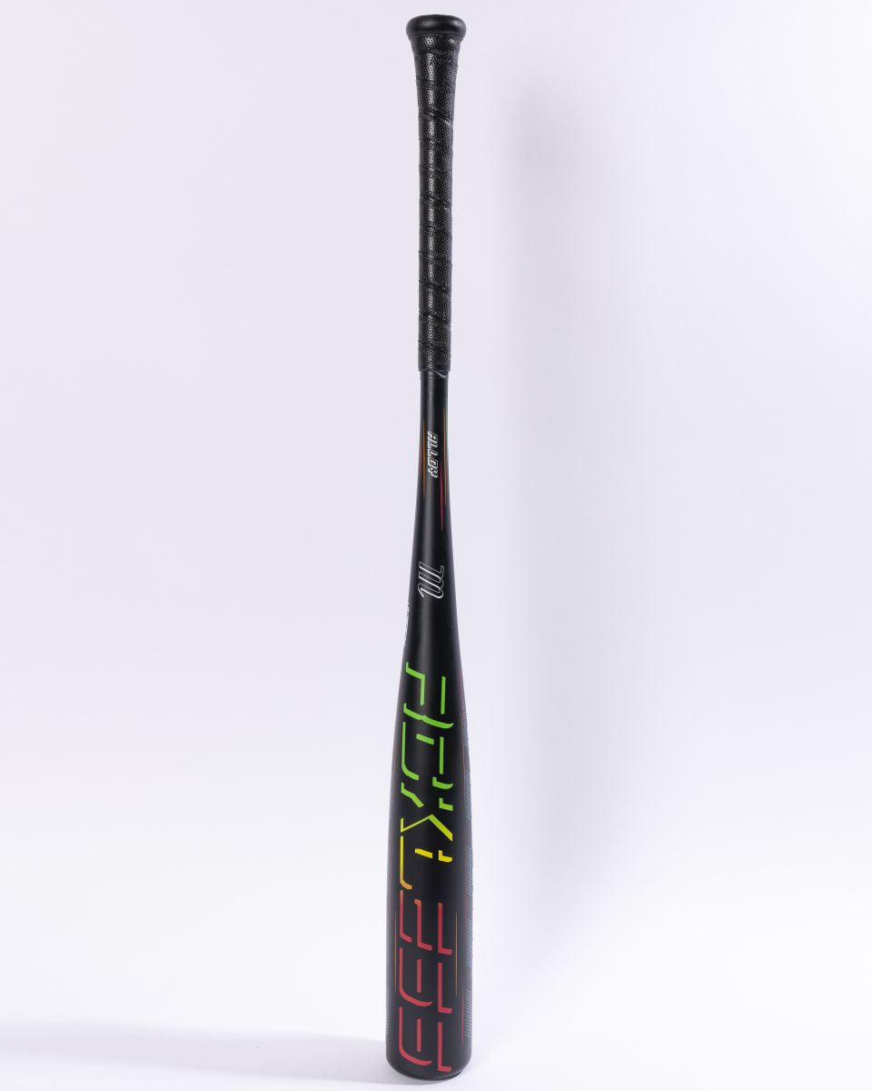 The Marucci 2027 RCKLESS Gen 2 (-5) 2 3/4″ USSSA Baseball Bat (MSBR25), shown upright against a plain white background, features a sleek, black one-piece alloy construction with a textured grip and vibrant neon geometric designs on the barrel. Its modern design includes a ring-free barrel for optimized performance and an ultra-contemporary appearance.