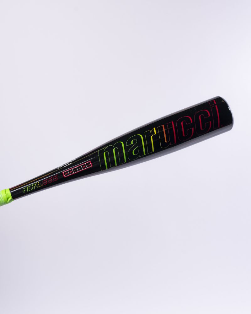 The 2027 Marucci RCKLESS Gen 2 Composite (-13) 2 5/8″ USA Tee Ball Baseball Bat (model MTBRC2) by Marucci is shown against a plain white background, featuring a sleek black design with neon green and orange lettering. This bat is USA Baseball certified.
