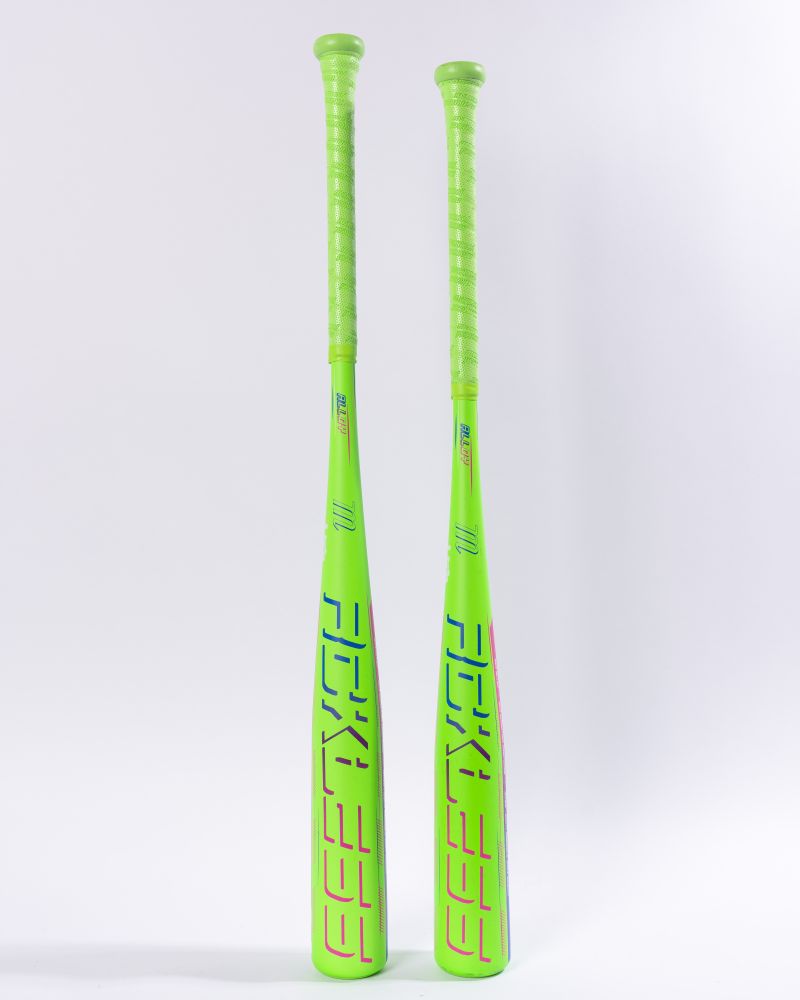 Two 2027 Marucci RCKLESS Gen 2 USA baseball bats by Marucci stand upright side by side on a white background, their bright green barrels adorned with striking blue and purple graphics. Each bat is expertly crafted from high-quality alloy and features advanced anti-vibration technology for superior performance.