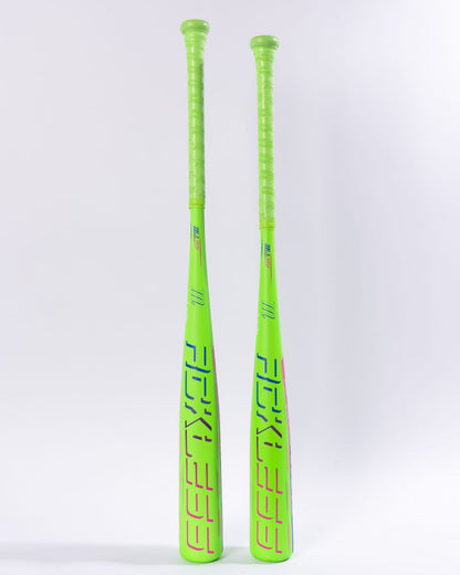Two 2027 Marucci RCKLESS Gen 2 USA baseball bats by Marucci stand upright side by side on a white background, their bright green barrels adorned with striking blue and purple graphics. Each bat is expertly crafted from high-quality alloy and features advanced anti-vibration technology for superior performance.