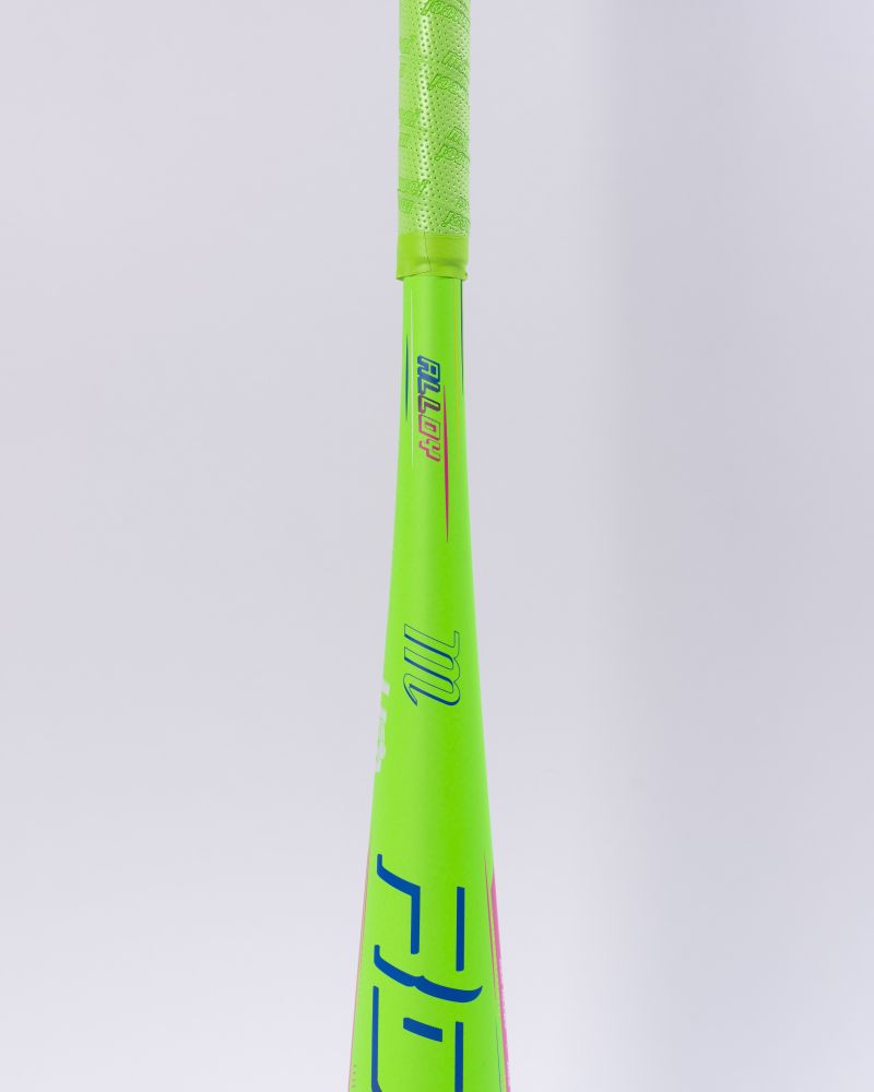 A vertical close-up of the Marucci 2027 RCKLESS Gen 2 USA Baseball Bat showcases its vivid neon green alloy construction against a plain white background. The bat displays a textured neon green grip, bold ALLOY lettering in blue and pink, and Marucci’s signature blue M logo. The partially visible blue FL text below emphasizes this USA baseball bat’s sleek design from Marucci.