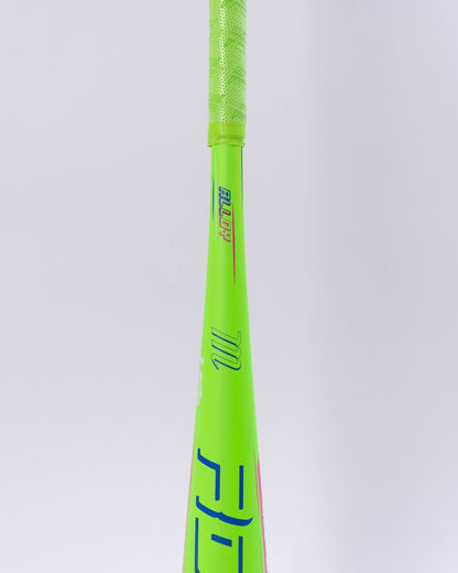 A vertical close-up of the Marucci 2027 RCKLESS Gen 2 USA Baseball Bat showcases its vivid neon green alloy construction against a plain white background. The bat displays a textured neon green grip, bold ALLOY lettering in blue and pink, and Marucci’s signature blue M logo. The partially visible blue FL text below emphasizes this USA baseball bat’s sleek design from Marucci.