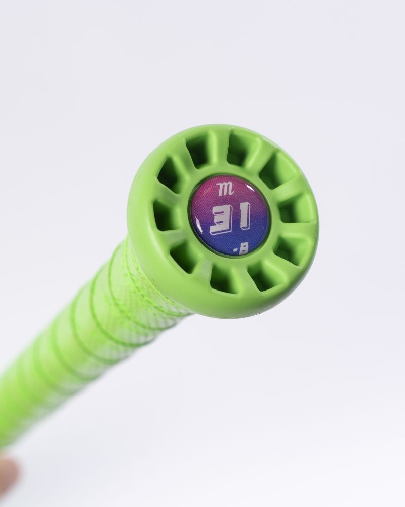 Here is your revised sentence, incorporating the provided product data: Close-up of the end of a neon green Marucci 2027 RCKLESS Gen 2 USA Baseball Bat grip, showing a round cap with a blue and purple gradient, the number 31, the letter B, and a stylized m logo on white background. This Marucci baseball bat features advanced anti-vibration technology for enhanced comfort and performance.