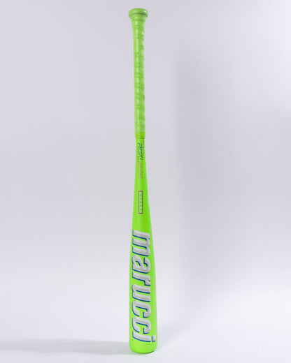 The Marucci 2027 RCKLESS Gen 2 USA Baseball Bat stands vertically against a plain white background, its bright neon green barrel boldly displaying the Marucci brand name in large white letters and featuring advanced anti-vibration technology.
