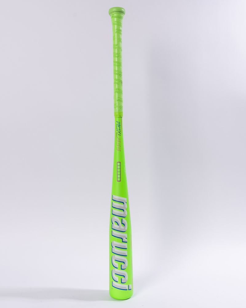 The Marucci 2027 RCKLESS Gen 2 USA Baseball Bat stands vertically against a plain white background, its bright neon green barrel boldly displaying the Marucci brand name in large white letters and featuring advanced anti-vibration technology.