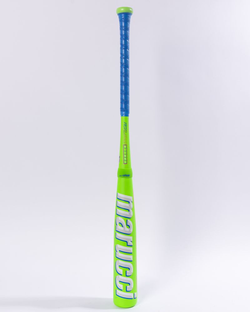 A vibrant green 2027 Marucci RCKLESS Gen 2 Hybrid (-8) 2 5/8″ USA Baseball Bat (MSBRH28U) with a blue grip and bold white Marucci branding, showcasing ring-free barrel construction, stands upright against a plain white background.