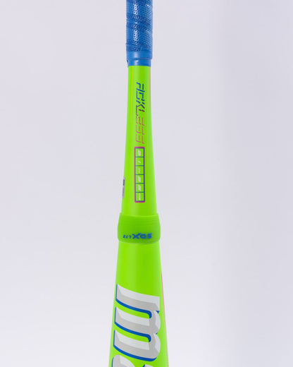 A close-up of the Marucci 2027 RCKLESS Gen 2 Hybrid (-8) 2 5/8″ USA Baseball Bat (MSBRH28U) showcases its lime green and blue design, featuring a textured blue grip, vertical text, and bold white lettering on the lower barrel. The image highlights the bat’s Ring-Free Barrel Construction for improved performance against a plain white background.